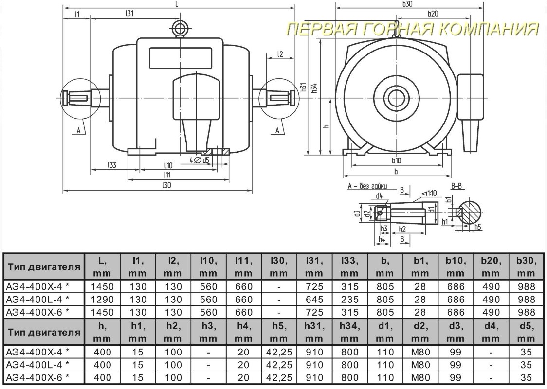 Электродвигатель АЭ4-400L (приводной) схема